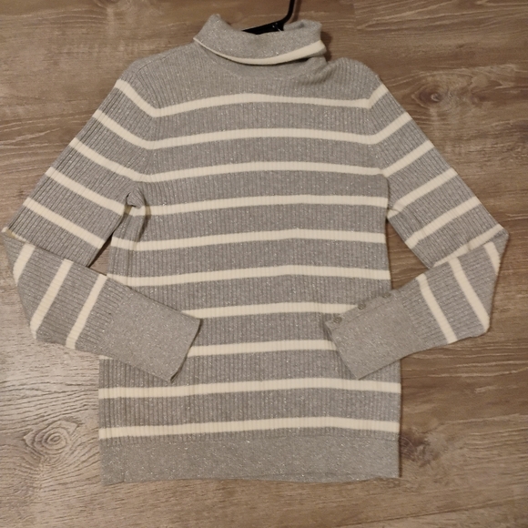 Talbots Ribbed Turtleneck Metallic Stripe Gray Sky Sweater Stretchy Size Large - Picture 3 of 8